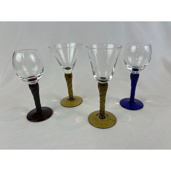 Bombay Cocktail Cordial Glasses Set Of 4 Multicolor Swirl Stem Art Deco Style Gl - Picture 1 of 8